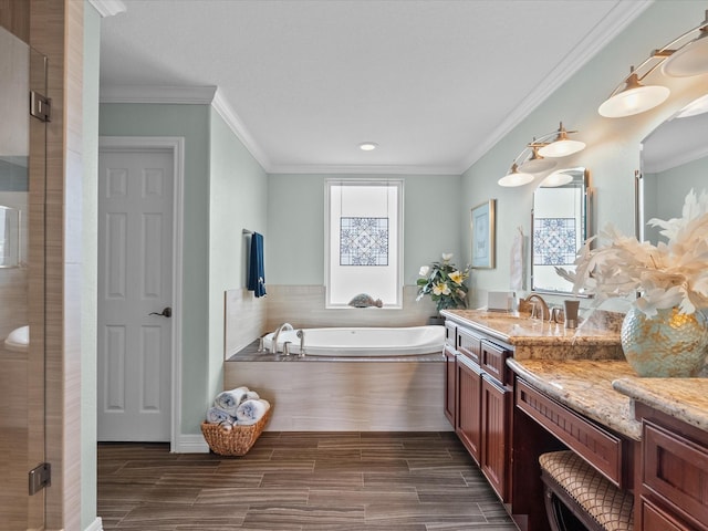 1250 Oahu Dr, Tiki Island, TX 77554 - bathroom featuring crown molding, vanity, recessed lighting, a bath, and a stall shower