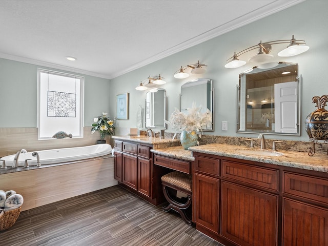 1250 Oahu Dr, Tiki Island, TX 77554 - bathroom with a sink, double vanity, ornamental molding, a bath, and a stall shower