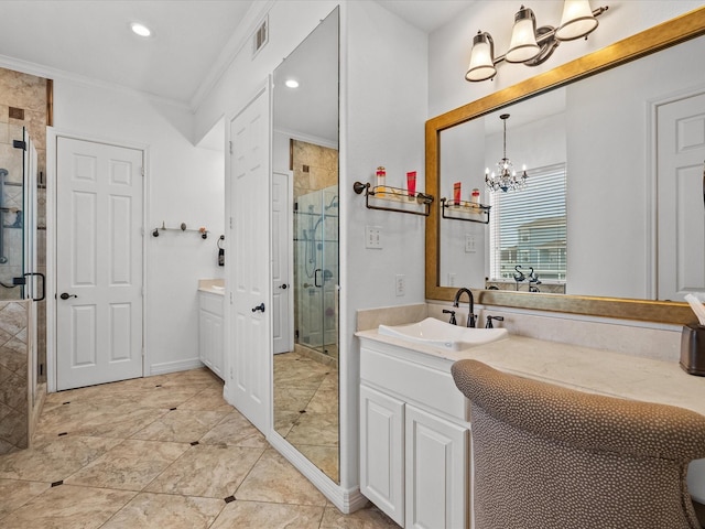 1250 Oahu Dr, Tiki Island, TX 77554 - full bath featuring crown molding, a stall shower, a notable chandelier, and vanity
