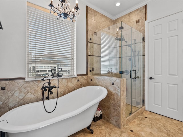 1250 Oahu Dr, Tiki Island, TX 77554 - full bath with crown molding, a stall shower, a chandelier, and tile walls