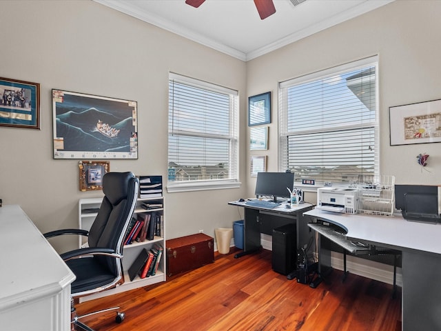 1250 Oahu Dr, Tiki Island, TX 77554 - office area with crown molding, a ceiling fan, wood finished floors, and a healthy amount of sunlight