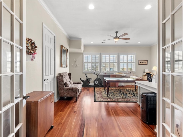1250 Oahu Dr, Tiki Island, TX 77554 - home office featuring ornamental molding, a ceiling fan, recessed lighting, and wood finished floors