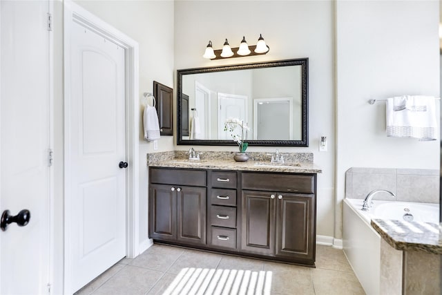 full bath featuring tile patterned flooring, a closet, a sink, and double vanity