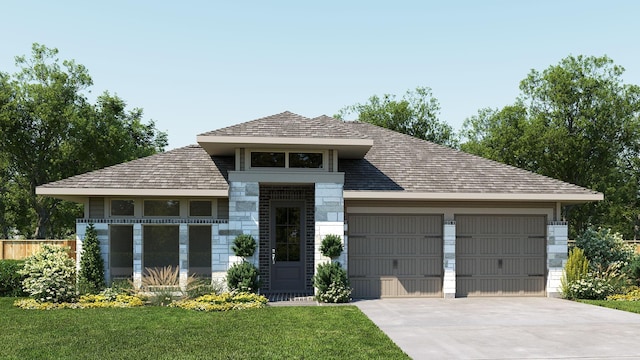 view of front facade featuring a garage, stone siding, driveway, and a front yard