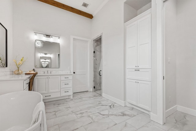 full bath featuring vanity, visible vents, baseboards, marble finish floor, and beam ceiling