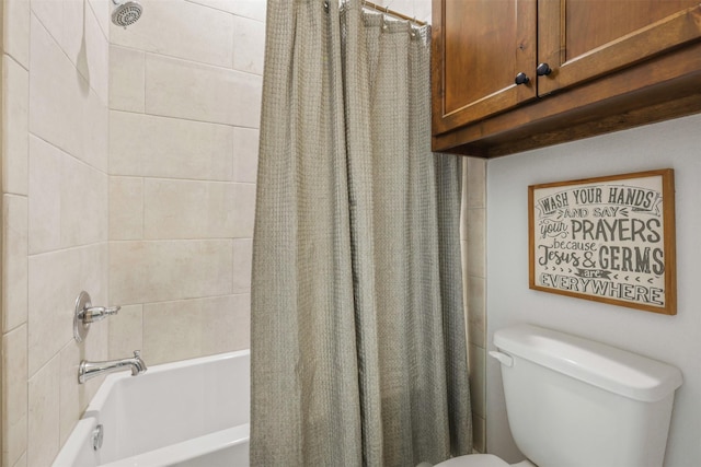 bathroom featuring toilet and shower / bathtub combination with curtain