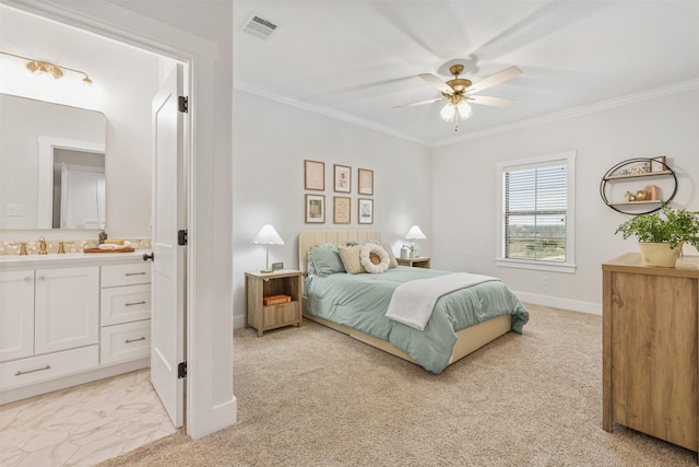 bedroom with light carpet, baseboards, visible vents, ornamental molding, and a sink