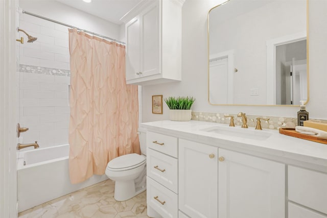 bathroom with toilet, shower / tub combo, and vanity