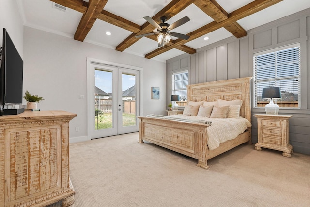 bedroom with french doors, coffered ceiling, visible vents, and access to exterior