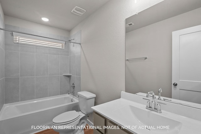 full bath featuring toilet, bathtub / shower combination, visible vents, and vanity