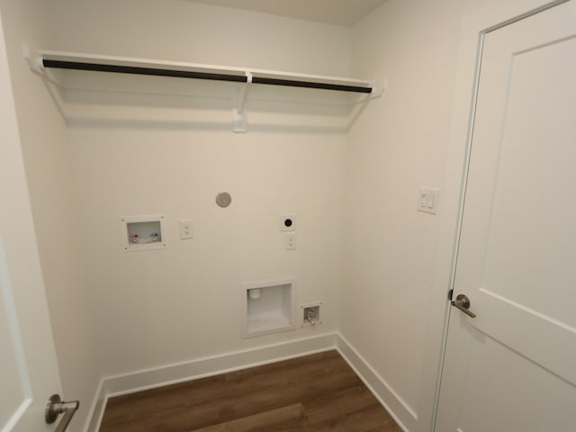 21659 Wave Hollow Dr, Cypress, TX 77433 - laundry room featuring electric dryer hookup, dark wood-style floors, hookup for a washing machine, and baseboards