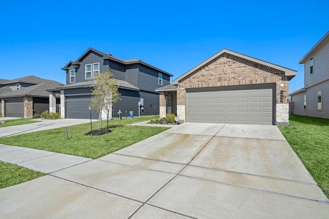 1730 Windstone Ridge Dr, Houston, TX 77014 - view of front of home featuring a garage, concrete driveway, a front yard, and stone siding