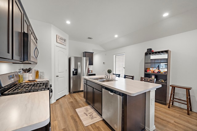 1730 Windstone Ridge Dr, Houston, TX 77014 - kitchen with appliances with stainless steel finishes, light countertops, light wood-style floors, an island with sink, and vaulted ceiling