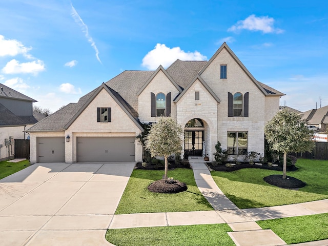 french provincial home featuring brick siding, concrete driveway, french doors, roof with shingles, and a front lawn