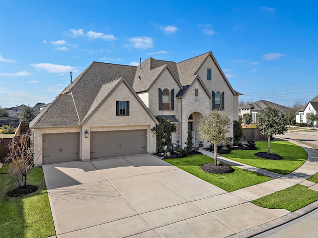 french country inspired facade featuring a shingled roof, fence, stone siding, driveway, and a front lawn