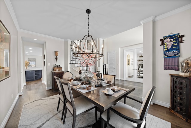 dining room featuring ornamental molding, wine cooler, and dark wood-style flooring