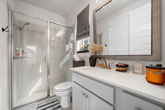 bathroom with toilet, a shower stall, and vanity