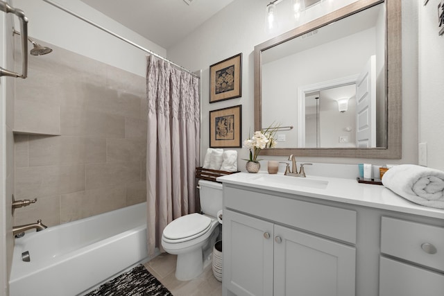 bathroom featuring shower / tub combo, visible vents, toilet, tile patterned flooring, and vanity