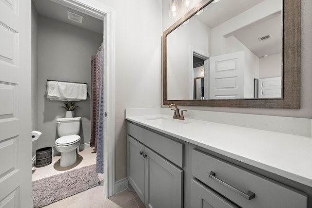 full bath featuring toilet, tile patterned flooring, vanity, and visible vents