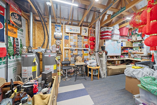 interior space with water heater and carpet floors