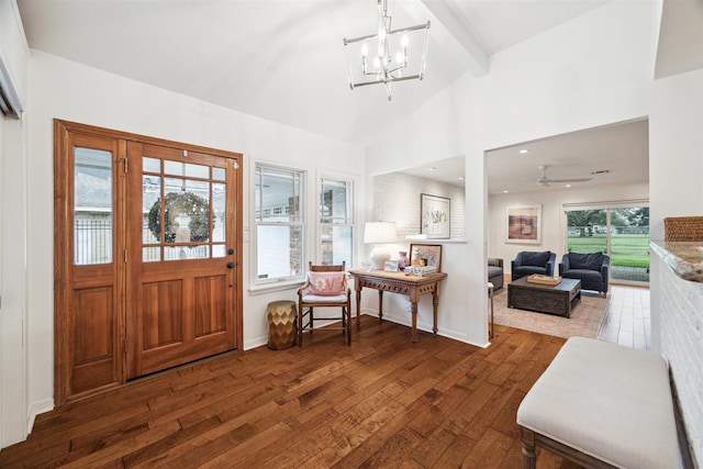 foyer entrance featuring baseboards, dark wood finished floors, vaulted ceiling with beams, a chandelier, and recessed lighting