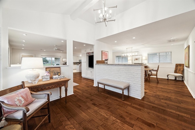 living room with high vaulted ceiling, recessed lighting, visible vents, beam ceiling, and dark wood finished floors