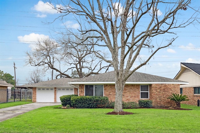 ranch-style home featuring an attached garage, brick siding, driveway, and a front lawn