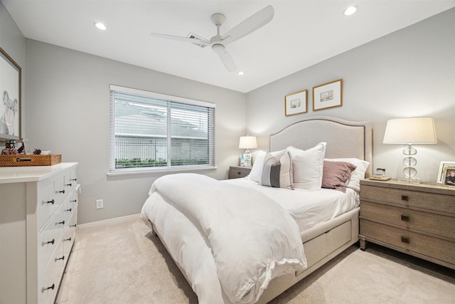 bedroom featuring baseboards, recessed lighting, a ceiling fan, and light colored carpet