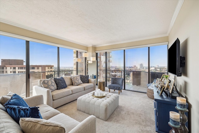 living area with a textured ceiling, crown molding, and light colored carpet