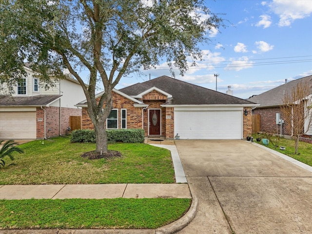 ranch-style home featuring brick siding, concrete driveway, roof with shingles, an attached garage, and a front yard