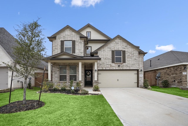 craftsman-style home with an attached garage, driveway, brick siding, and a front yard