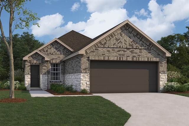 french provincial home featuring a shingled roof, concrete driveway, a garage, stone siding, and a front lawn