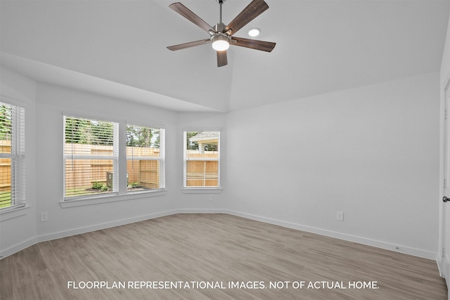 unfurnished room with light wood-style floors, ceiling fan, high vaulted ceiling, and baseboards