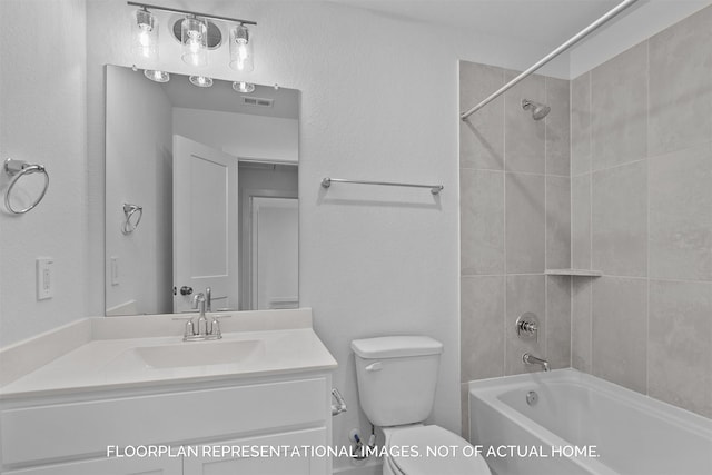 full bath featuring toilet, bathing tub / shower combination, visible vents, and vanity