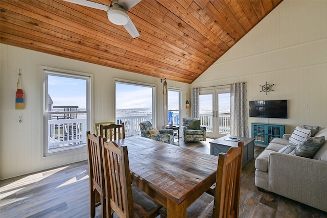 dining space with wood ceiling, ceiling fan, dark wood-type flooring, french doors, and high vaulted ceiling