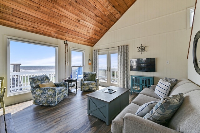 living area featuring french doors, dark wood finished floors, a water view, wood ceiling, and high vaulted ceiling