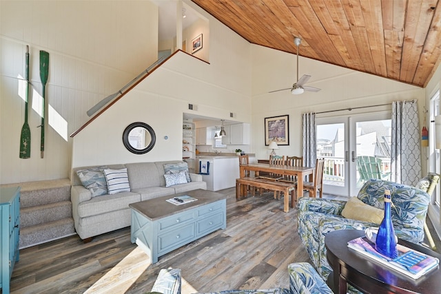 living area with visible vents, a ceiling fan, wooden ceiling, dark wood-type flooring, and french doors