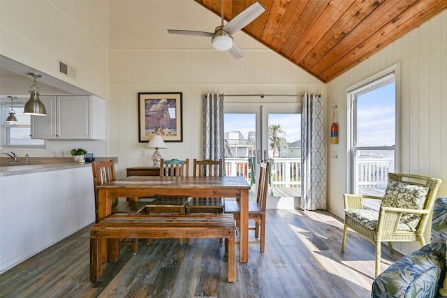 dining room with vaulted ceiling, wood ceiling, dark wood finished floors, and visible vents