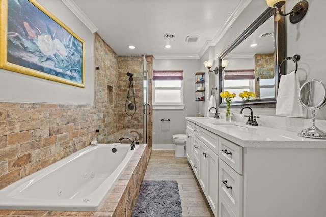 full bathroom featuring toilet, crown molding, visible vents, and a sink