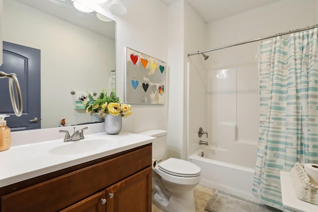 bathroom with shower / bath combo, vanity, toilet, and tile patterned floors