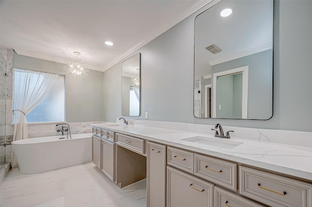 bathroom featuring double vanity, marble finish floor, crown molding, a freestanding tub, and a sink