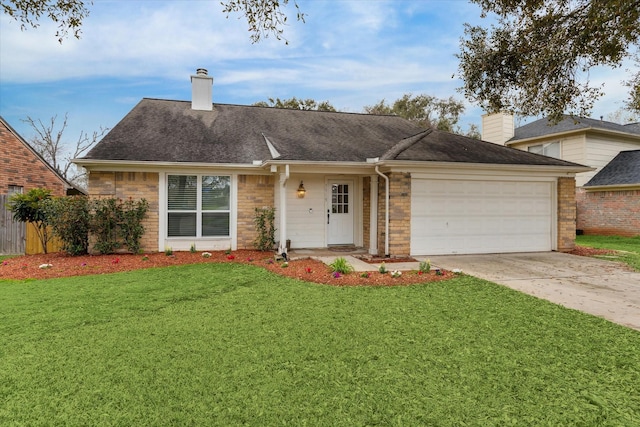 single story home with concrete driveway, a chimney, an attached garage, a front lawn, and brick siding