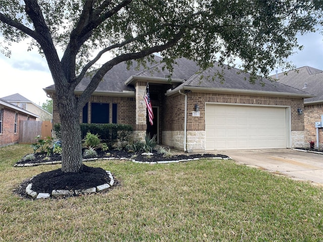 single story home with an attached garage, brick siding, concrete driveway, stone siding, and roof with shingles