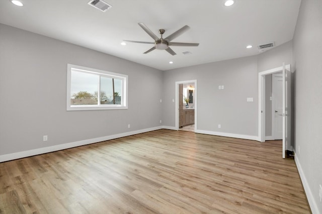 unfurnished bedroom featuring recessed lighting, visible vents, and light wood-style floors