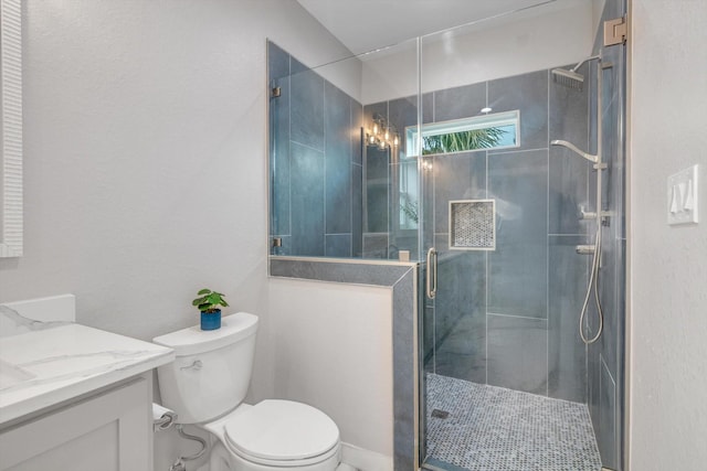 bathroom featuring toilet, a stall shower, and vanity