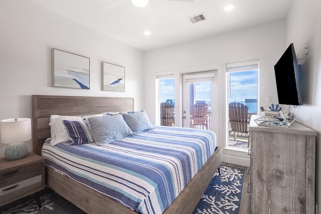 bedroom with access to outside, visible vents, ceiling fan, and recessed lighting