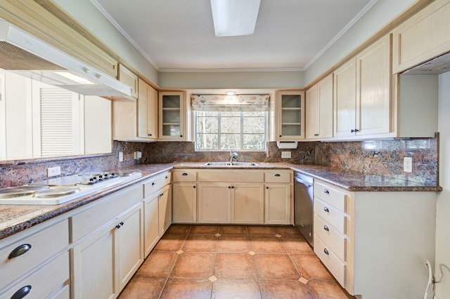 kitchen featuring dishwasher, white stovetop, glass insert cabinets, and under cabinet range hood