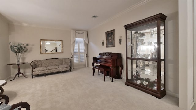 living area with light carpet, baseboards, visible vents, and crown molding