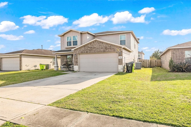 traditional-style house with driveway, fence, a front lawn, and cooling unit