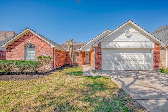 ranch-style home featuring a garage, a front yard, brick siding, and driveway